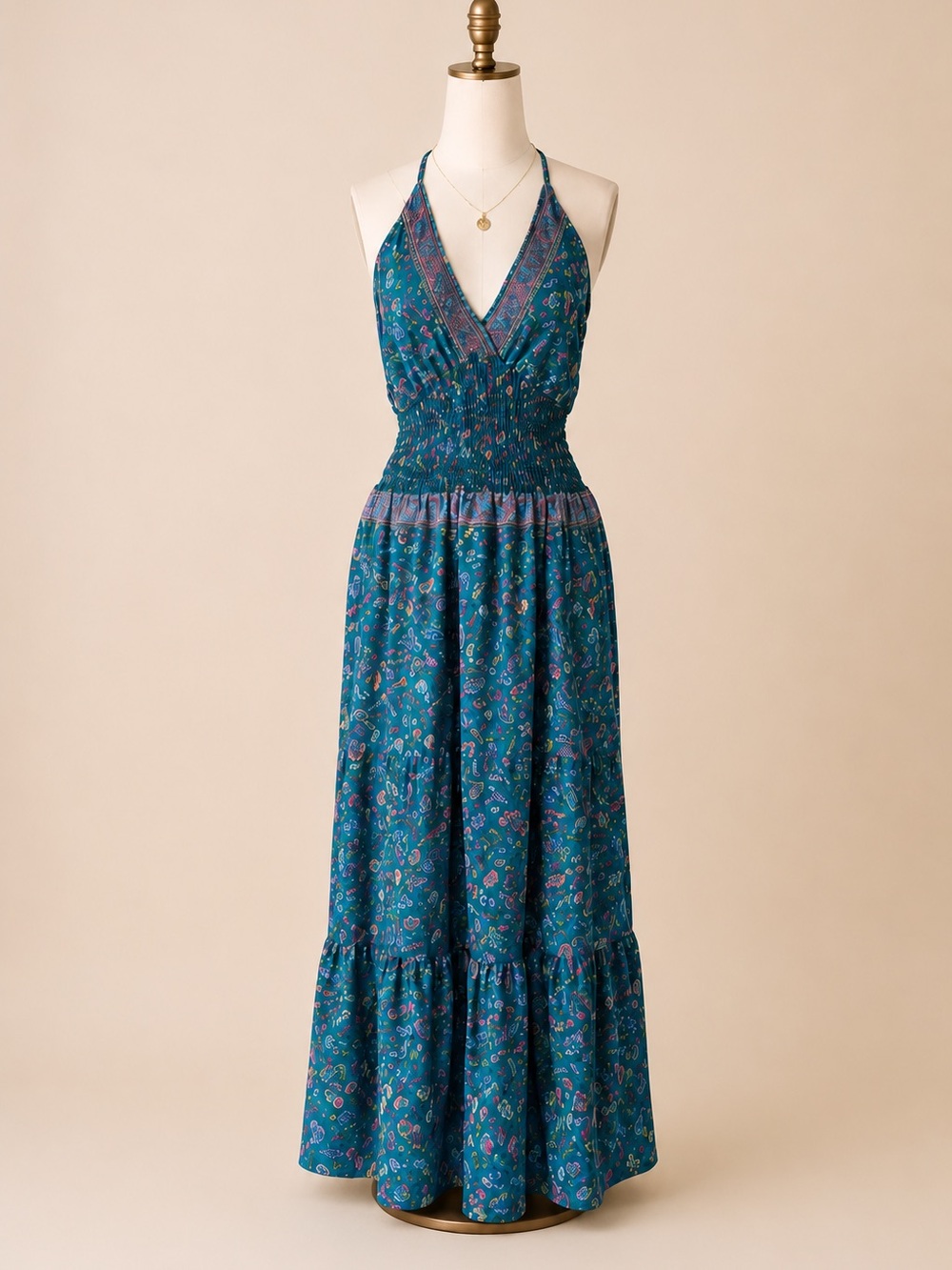 Boho Floral Smocked Waist Maxi Dress L Beach Festival Resort